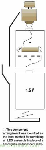 增壓電路在有兩節(jié)電池的手電筒中將代替的一節(jié)電池，LED裝置則代替白熾燈
