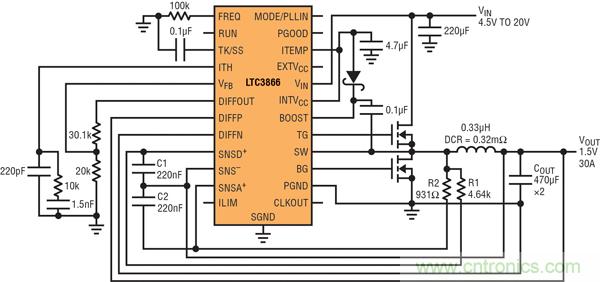 圖2：以非常低的DCR完成采樣的高效率、1.5V/30A降壓型轉(zhuǎn)換器