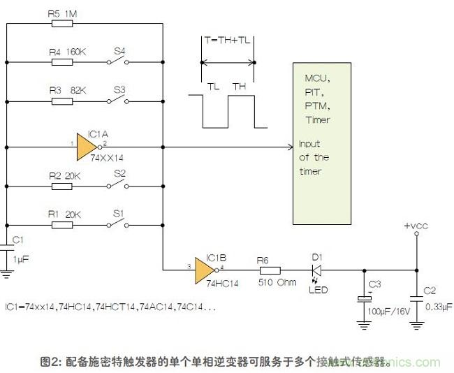 如何用單個(gè)施密特觸發(fā)器測(cè)量?jī)蓚€(gè)電阻式傳感器或多個(gè)開(kāi)關(guān)？
