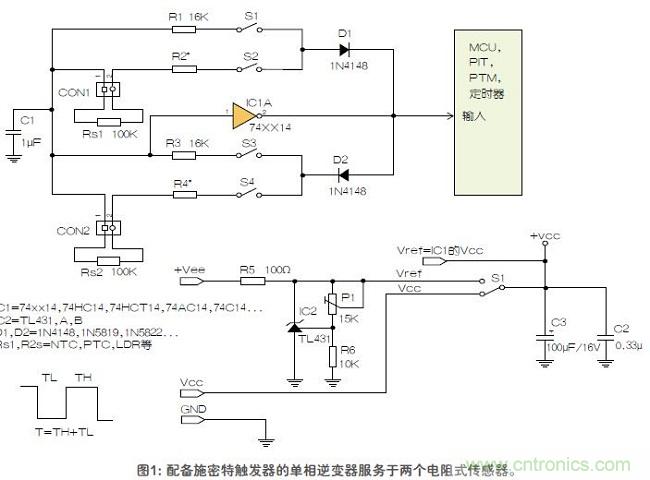 如何用單個(gè)施密特觸發(fā)器測(cè)量?jī)蓚€(gè)電阻式傳感器或多個(gè)開(kāi)關(guān)？