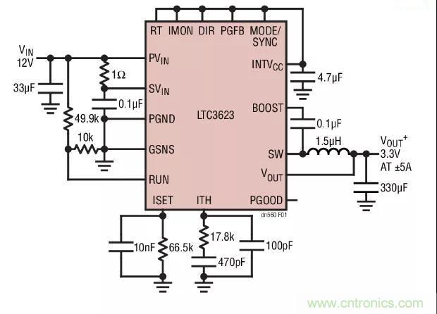 高效率、15V 軌至軌輸出同步降壓型穩(wěn)壓器能提供或吸收 5A