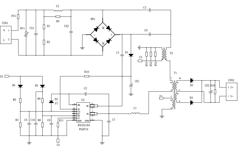 一、LED驅(qū)動模塊RSC6218A REASUNOS(瑞森半導(dǎo)體)通過持續(xù)投入研發(fā)，提升LLC應(yīng)用技術(shù)，集成控制芯片與功率轉(zhuǎn)換，成功推出新一代產(chǎn)品RSC6218A WSOP-16，延續(xù)瑞森LLC拓?fù)浞桨?，時機(jī)趨勢完全迎合我國雙碳政策，電氣特性契合新版國標(biāo)GB/T 17625.1-2022和歐盟新版ERP認(rèn)證EU2019/2020雙重法規(guī)，專為中小功率的產(chǎn)品提供優(yōu)秀的方案；接下來會分幾個篇章持續(xù)介紹新方案產(chǎn)品的應(yīng)用資料和設(shè)計(jì)實(shí)例分享：  RSC6218A功率模塊內(nèi)部集成CS-CP-LLC電源半橋模塊和功率轉(zhuǎn)換模塊，延續(xù)瑞森主題設(shè)計(jì)方向單級實(shí)現(xiàn)高PF無頻閃技術(shù)和LLC諧振軟開關(guān)技術(shù)方案：該型號適用于5-18W功率段；具備高轉(zhuǎn)換效率(90%+)，高PF(>0.96)，低THD(<10%)，小型化(縮小PCB面積10-25%)，通過優(yōu)化產(chǎn)品內(nèi)部設(shè)計(jì)提升產(chǎn)品內(nèi)部功率器件的開啟與關(guān)閉性能，避免干擾發(fā)生，最高工作頻率達(dá)200KHZ，實(shí)現(xiàn)WSOP-16封裝兼顧散熱與小型化；并且內(nèi)部可自動設(shè)置死區(qū)時間，讓方案可靠易設(shè)計(jì)。 產(chǎn)品可廣泛應(yīng)用于： 1.護(hù)眼系列燈具：如教室燈、辦公燈、護(hù)眼臺燈、壁燈、閱覽室燈等； 2.家居類燈具：如客廳燈、臥室燈、兒童房燈、廚房燈、走廊燈等； 3.軌道類燈具：地鐵照明、高鐵照明、隧道照明、車站照明等； 4.商照類燈具：筒燈、射燈、投射燈、 亮化燈、防爆燈等； 方案起到提供高效，穩(wěn)定，長壽命的作用。 二、產(chǎn)品功能框架  三、IC各PIN腳功能說明  PIN1 PGND 功率地，內(nèi)部是連接低邊MOS的S端地線； PIN2  NC  PIN3  HS 半橋MOS低邊漏極PIN； PIN4  HS 半橋MOS低邊漏極PIN； PIN5  HS 半橋MOS高邊源極PIN； PIN6  HS 半橋MOS高邊源極PIN； PIN7  NC  PIN8  HO 半橋MO高邊漏極； PIN9  HO 半橋MOS高邊漏極； PIN10 HB 半橋驅(qū)動高邊電源，通過外置的一個二極管與電容組成自舉回路，為高邊 MOS 的開啟提供電平； PIN11 VIN 高壓啟動的輸入腳，最高耐壓可達(dá)DC600V，啟動電流在1.7mA，一般應(yīng)用是從高壓電解處串接一個1206100K電阻引到PIN1，在整個環(huán)路還未建立起來時，是靠這個引腳的供電通過內(nèi)部連接到PIN6VCC，然后把VCC電容慢慢充電到芯片的啟動電壓后，芯片開始工作。整個環(huán)路建立起來后，VIN腳內(nèi)部關(guān)斷，VCC 通過外部變壓器輔助繞組供電維持正常工作； PIN12  VCC 信號電源引腳， 工作電壓范圍 8-20V，工作電流在 0.8mA，靜態(tài)工作電流是 720uA； PIN13  NC DT懸空腳； PIN14 FB  電壓反饋輸入，VFB中心值是1.2V，該引腳的功能主要是限定空載電壓的最大幅度，該芯片空載保護(hù)屬于打嗝模式，可以有效降低空載損耗，能效要求輕松符合小于0.5W的要求； PIN15  CS 電流采樣正弦波信號輸入該P(yáng)IN腳是通過線路中的互感電感采樣得到全波的正弦波信號， 通過電阻轉(zhuǎn)換為電壓信號后，輸入到CS PIN腳， 內(nèi)部連接到壓控振蕩器，根據(jù)輸入進(jìn)來的電壓幅值大小，以及正弦波的頻率，壓控振蕩器輸出對應(yīng)的方波來控制LG與HG端的MOS開關(guān)頻率，實(shí)現(xiàn)恒流調(diào)節(jié)控制； PIN16  AGND 信號地參考電平，主要連接 VCC，F(xiàn)B 對應(yīng) PIN 腳的元件地線。 四、關(guān)鍵PIN腳參數(shù)設(shè)定范圍  五、典型應(yīng)用原理圖  關(guān)注瑞森半導(dǎo)體公眾號，接下來持續(xù)分享具體案例的設(shè)計(jì)參考文檔，攜手各伙伴們實(shí)現(xiàn)新版國標(biāo)GB/T17625.1-2022的順利達(dá)標(biāo)，為工程師縮短開發(fā)周期，讓工廠端得到滿意的產(chǎn)品，給客戶一個滿意的答卷，得到需要的利潤空間。